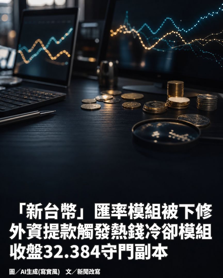 新聞圖卡範例：桌上的硬幣與匯率走勢螢幕，標題是新台幣匯率走弱的新聞