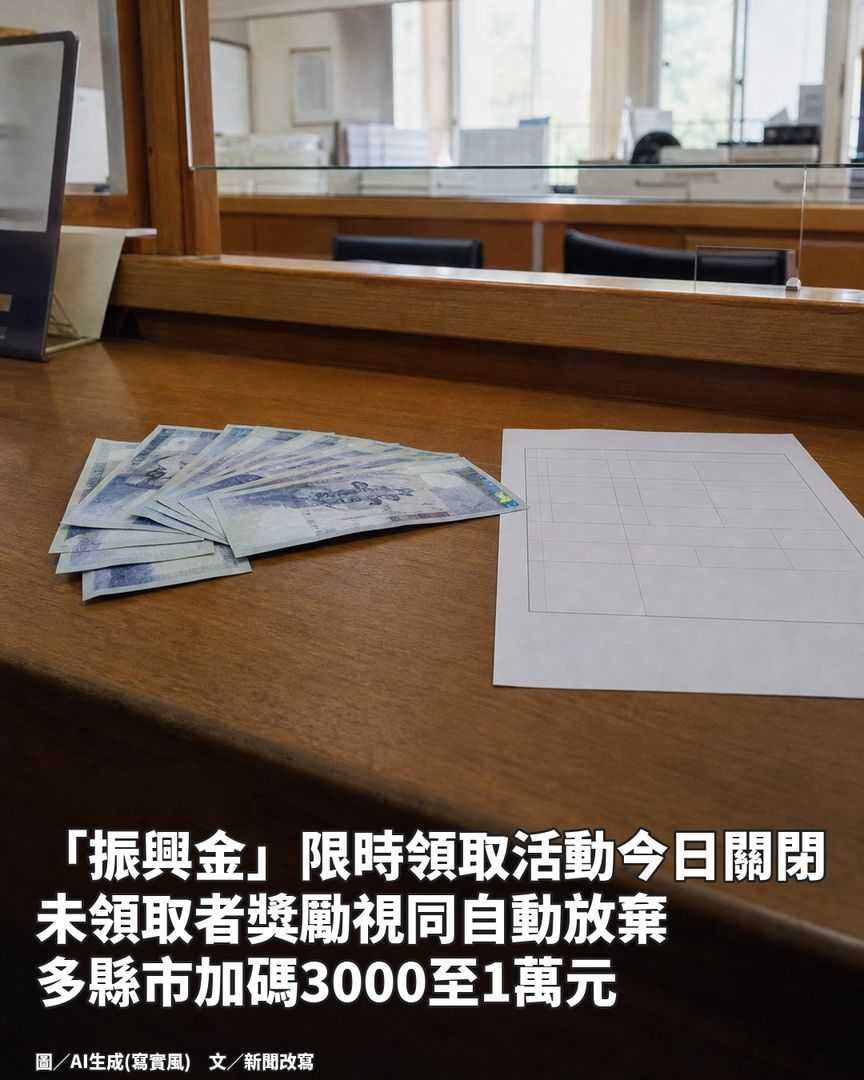 新聞圖卡範例：櫃檯上的鈔票與表單，標題是振興金領取今日截止的新聞